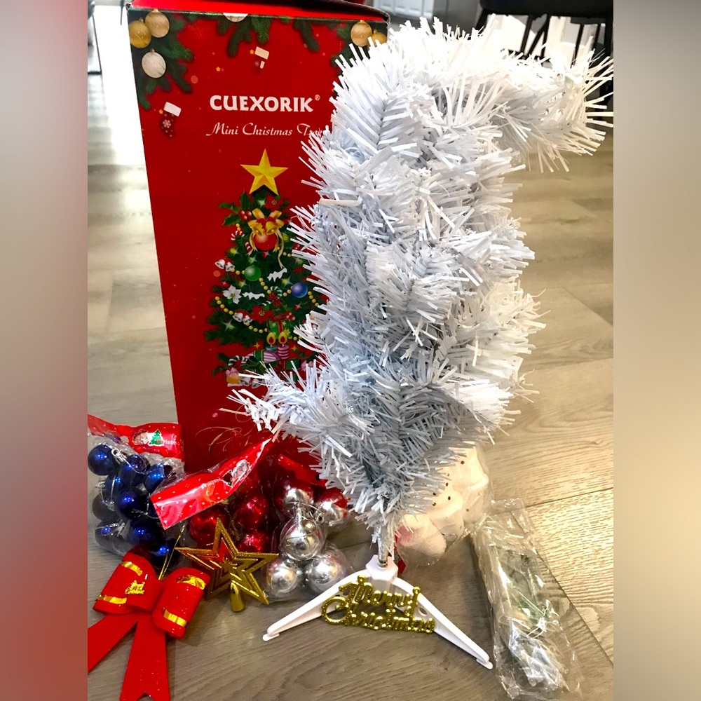 Table Top Christmas Tree - Mini White Tree with Lights, Ornaments, Star Topper